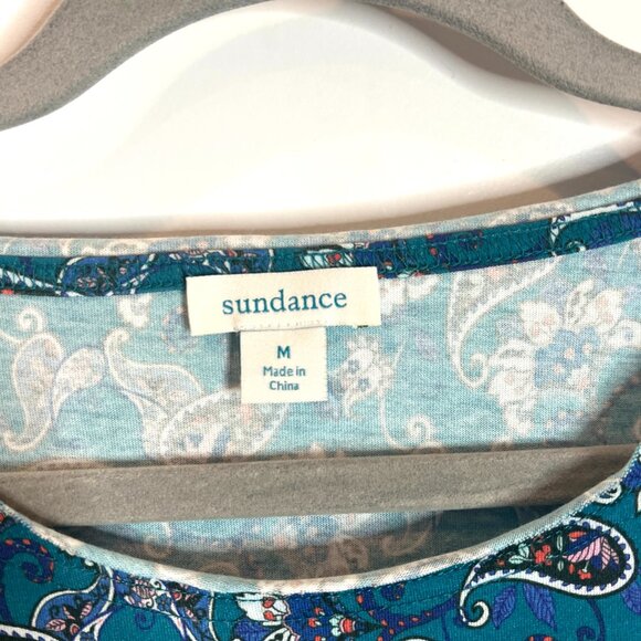 Sundance Sharrar Teal Paisley Contrast Cuff Mixed Print Knit Top Size Medium - Picture 3 of 7
